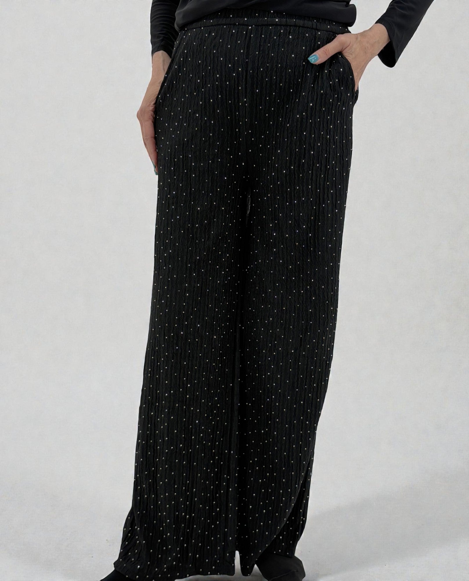 HKG07 RHINESTONE CRINKLE STRAIGHT LEG PANT