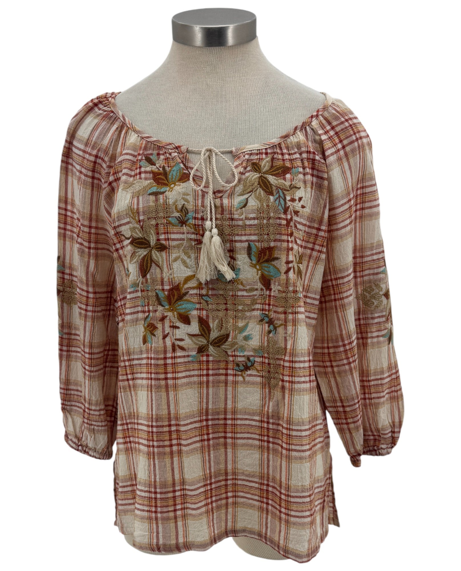 PAPARAZZI ANN-4569 EMBROIDERED PLAID TOP