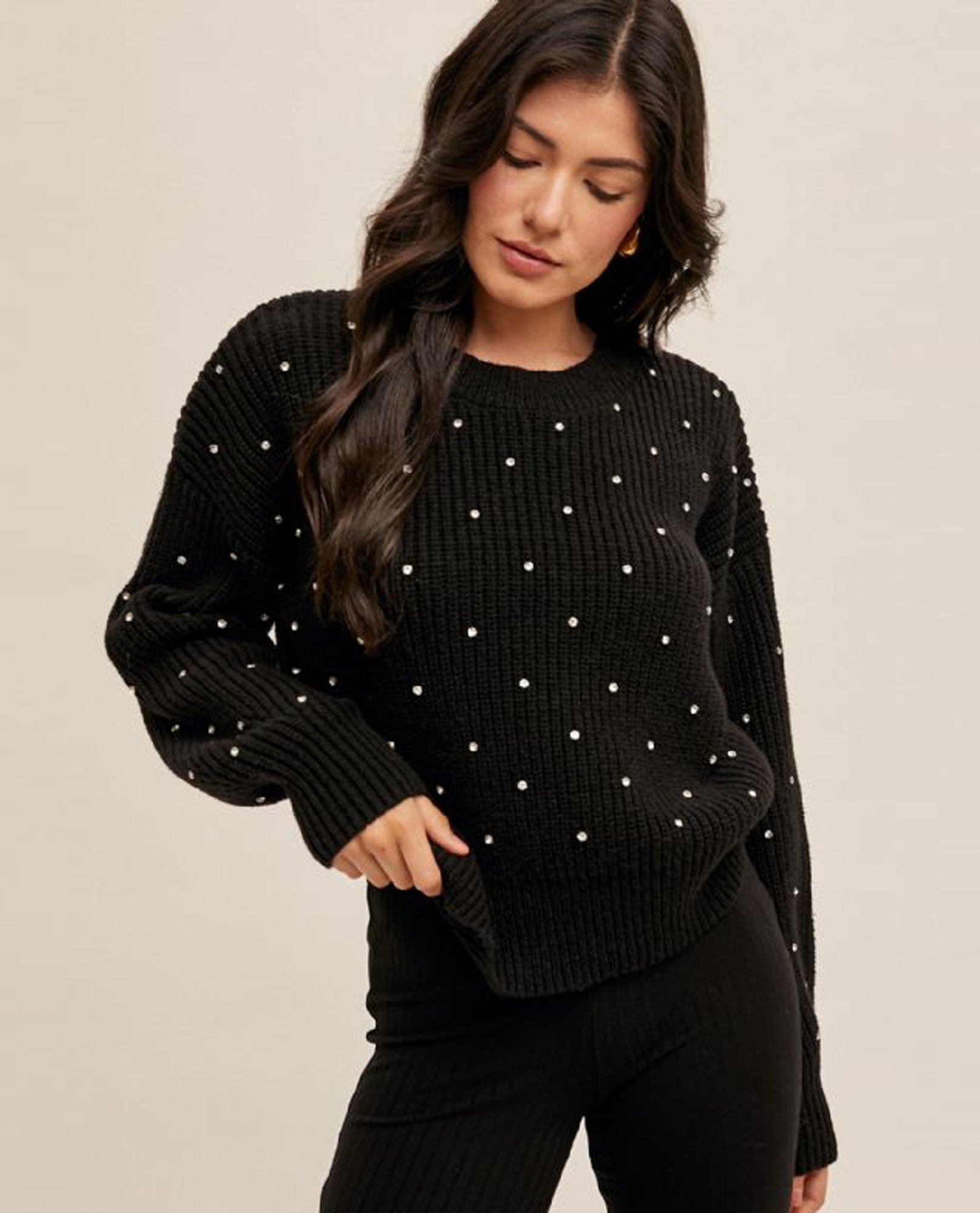 HEM & THREAD 35884 RHINESTONE CREW NECK SWEATER