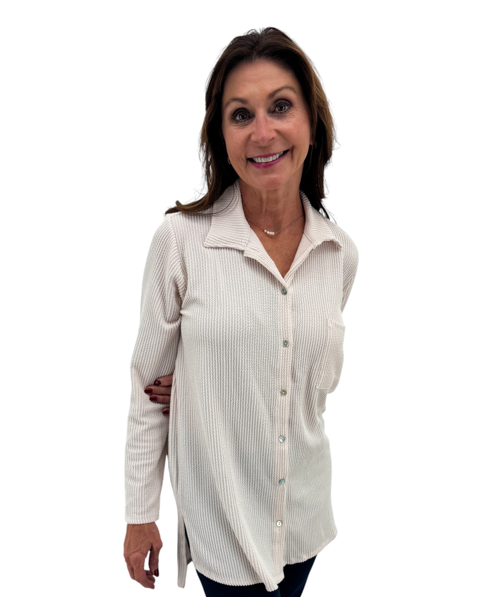 TH-T1523 L/S BUTTON FRONT POCKET RIBBED TOP